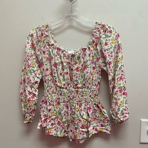 Floral Off-The-Shoulder, Three-Quarter Sleeve Top